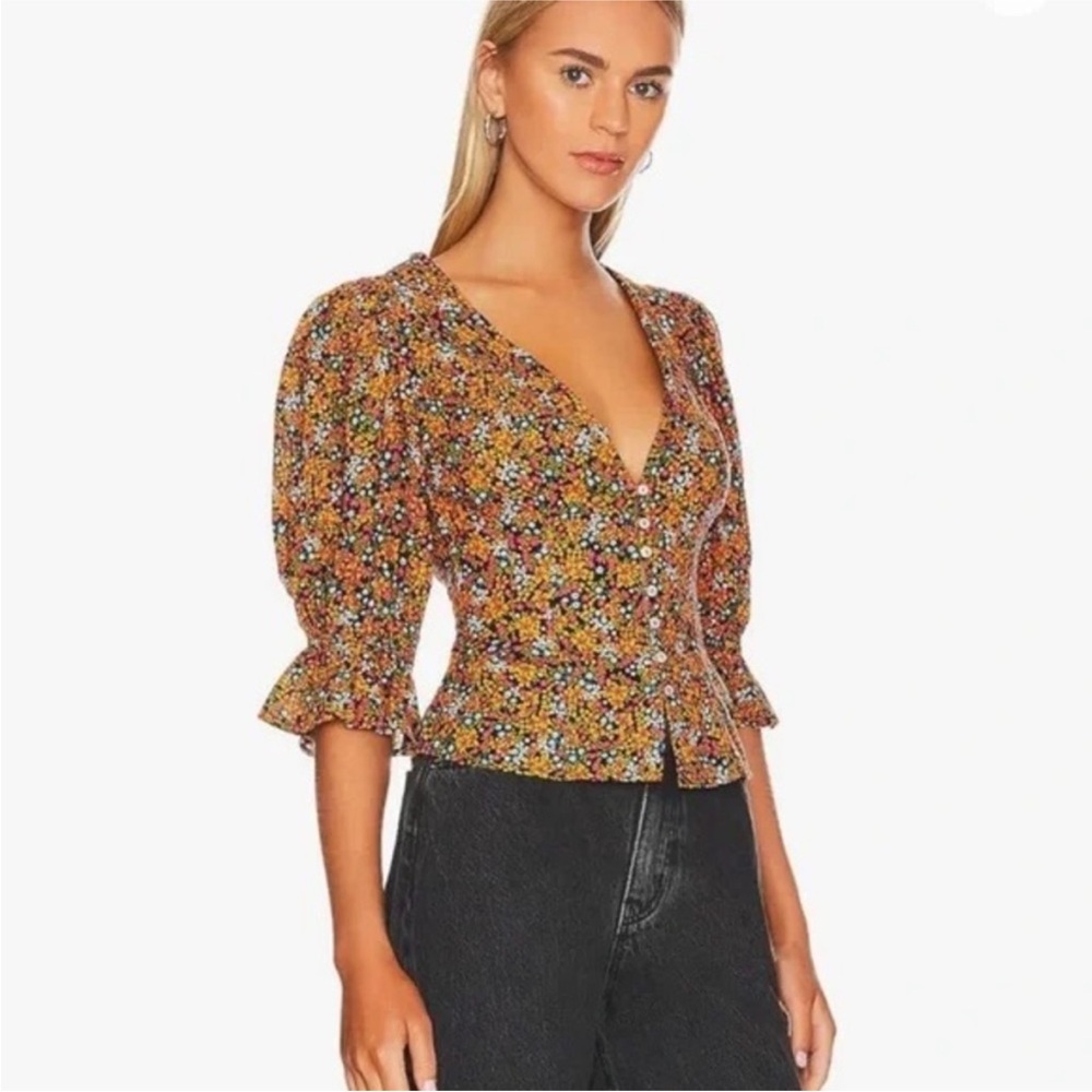 Free People - Found You Colorful Floral Print Button Down V Neck Blouse Small